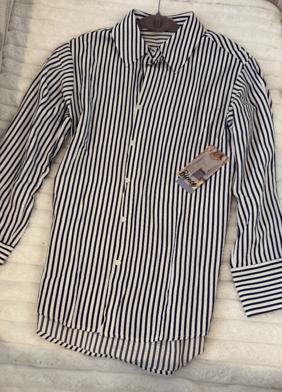 Men's Navy and White Striped Button-Up Shirt